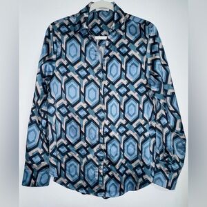 Timing Blue and Cream Geometric Blouse women’s blouse size s